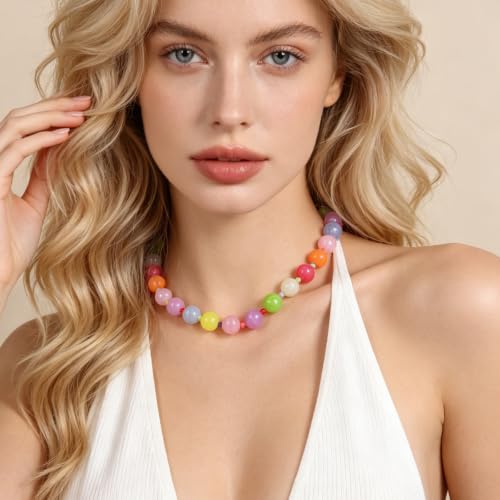 Colorful Chunky Beaded Necklaces for Women Multicolor Large Round Resin Beads Collar Necklace Boho Trendy Statement Chokers Y2K Summer Beach Jewelry - color: Candy Rainbow