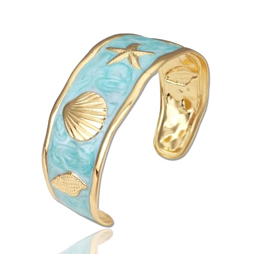 YBMYCM Chunky Shell Cuff Bracelet for Women, Hammered Boho Open Bangle | Adjustable Irregular Wide Bracelets Jewelry Gifts for Women, Perfect for Daily Wear - color: Blue2