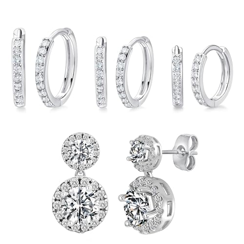 Hoops Huggie Stud Earrings Set 14K White Gold Plated Cubic Zirconia Earring for Women Pack of 2/5 Pairs - style: A6-White Gold-Hoop&Halo Dangle Stud (4 Pairs)