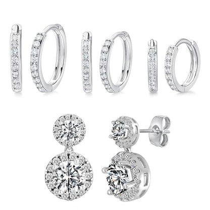 Hoops Huggie Stud Earrings Set 14K White Gold Plated Cubic Zirconia Earring for Women Pack of 2/5 Pairs - style: A6-White Gold-Hoop&Halo Dangle Stud (4 Pairs)