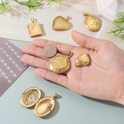 6Pcs 20K Gold Plated Locket Pendants Heart Oval Flat Round Rectangle Photo Frame Charms Golden Locket Charms for Necklaces DIY Memorial Necklace Making - color: Stainless Steel Color, 6 Styles