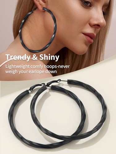 FindChic Twisted Hoop Earrings for Women, Silver/Black/14K Gold Plated Hypoallergenic Hollow Tube Rounded Loop Earrings, 30mm/40mm/60mm/80mm Hoops with Custom Name Options and Gift Box - color: a.Black, size: 80MM