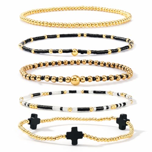 Gold Bracelets for Women, Beaded Cross Stack, Non Tarnish Set，Set-1 | Gold Beaded Bracelet Stack with Stretch Fit, Waterproof Finish and Dainty Design for Everyday Wear and Gifts - color: Colors-10