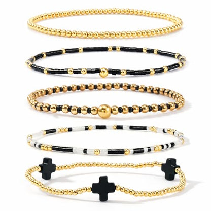 Gold Bracelets for Women, Beaded Cross Stack, Non Tarnish Set，Set-1 | Gold Beaded Bracelet Stack with Stretch Fit, Waterproof Finish and Dainty Design for Everyday Wear and Gifts - color: Colors-10