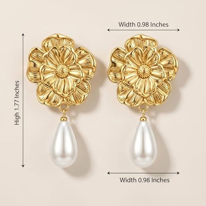 Chunky Gold Plated Flower Statement Drop Earrings for Women | Hypoallergenic 18K Gold Plated Textured Petal Wing, Large Statement Dangle Earrings for Wedding Party - color: Sunflower Pearl