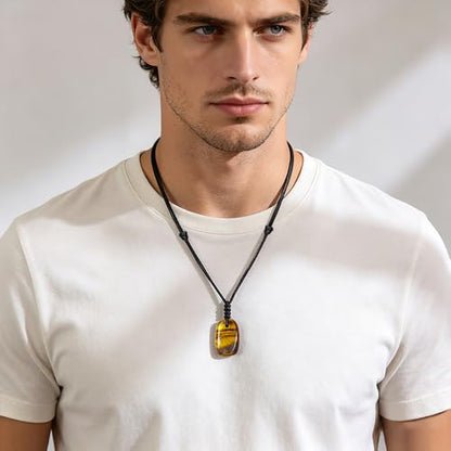 Natural Gemstone Pendant Necklace Healing Crystal Choker Necklace Adjustable Waxed Black Rope for Women Men - color: Tiger's Eye