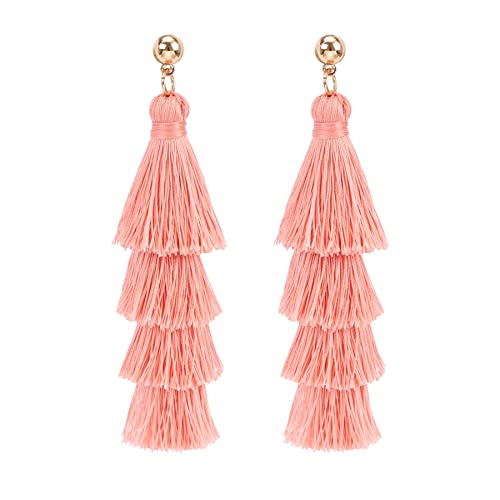 BaubleStar Bohemian Layered Tassel Drop Earrings for Women | Lightweight Statement Party Festival Jewelry - color: Blush