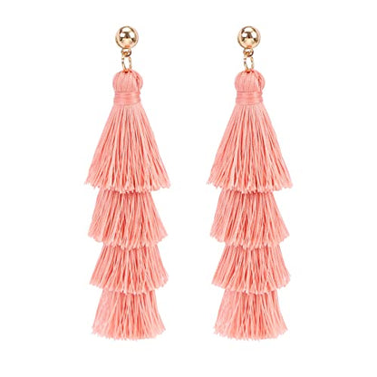 BaubleStar Bohemian Layered Tassel Drop Earrings for Women | Lightweight Statement Party Festival Jewelry - color: Blush