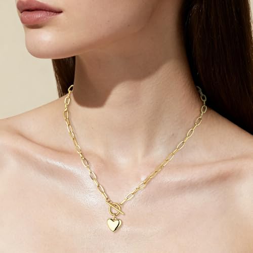 Chunky Gold Necklace for Women, 18K Waterproof Heart Necklace Statement Necklace Gold Charm Necklace Chunky Jewelry Paperclip Chain Choker Gift for Women - style: OT Chain Heart