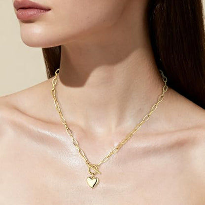 Chunky Gold Necklace for Women, 18K Waterproof Heart Necklace Statement Necklace Gold Charm Necklace Chunky Jewelry Paperclip Chain Choker Gift for Women - style: OT Chain Heart