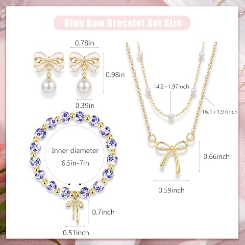 Bow Bracelet Necklace Earring Set for Women 14K Gold Plated Dainty Bow Necklace Flower Trendy Beaded Charm Bracelet Cute Pearl Drop Dangle Earrings Love Romantic Jewelry Gifts - color: blue