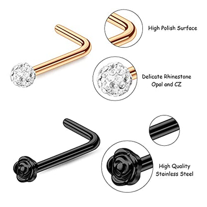 35-70 PCS 18G 20G Nose Rings for Women & Men - Gold Hoops, L Shape, Studs & Screw - 316L Surgical Stainless Steel - color: Color C-40pcs