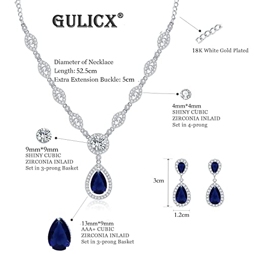 GULICX AAA Cubic Zirconia CZ Silver Plated Base Women's Party Jewelry Set Earrings Pendant Necklace - color: Blue CZ-White gold plated