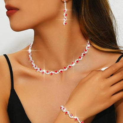 Aukmla Bridal Wedding Jewelry Set Silver Rhinestones Choker Necklaces Earrings Bracelet Sets Prom Jewelry for Women and Brides - color: Red