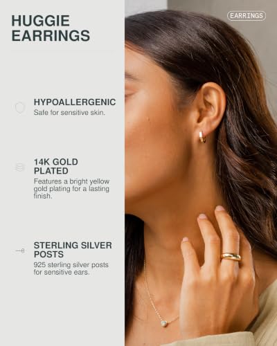 PAVOI 14K Gold Plated Chunky Huggies Earrings for Women - 925 Sterling Silver Posts Small Gold Huggie Hoop Earrings - Ultra Thick Hoops Trendy Jewelry - style: Geometric