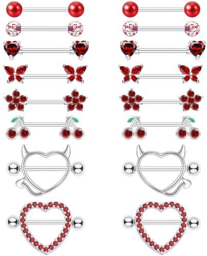 8 Pairs Gold Plated Nipple Rings for Women 14G Surgical Stainless Steel Nipple Piercing Jewelry Heart Cherry Butterfly Flower Nipple Barbells - color: Silver Tone Red CZ