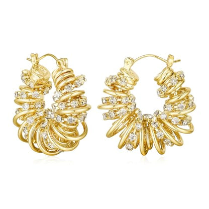 Statement Earrings for Women | Chunky Gold Hoops Rhinestone Thick Hoop Earrings 14K Gold Plated Hypoallergenic - color: Gold-White