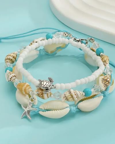 Shell Bracelets for Women Layered Seashell Starfish Bracelets Stackable Stretch Boho Beaded Bracelet Summer Beach Surfer Bracelet Seaside Beach Dress Outfits Accessories - color: A7:shell bracelets