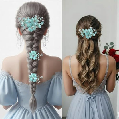 3 PCS Large Flower Bridal Wedding Hair Pins Crystal Pearl Hair Clips Headpiece Bride Hair Accessories Jewelry with Rhinestone, Glitter Emboss Blue Flower - color: Glitter Emboss Blue Flower