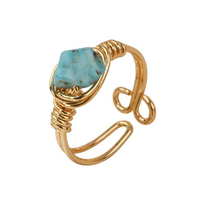 Chakra Crystal Ring Adjustable Gemstone Rings Wire Wrapped Irregular Crystal Ring Gemstone Carnelian Rose Quartz Amethyst Evil Eye Tiger Eyes Crystal Ring for Women - color: Turquoise
