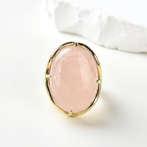 Natural Stone Adjustable Finger Rings Semi Precious Oval Shaped Gemstone Jewelry For Women Anniversary Birthday Wedding Gift - color: Rose Quartz