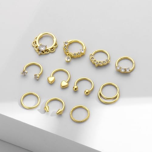 11PCS 16G Septum Rings Surgical Stainless Steel Septum Jewelry Hinged Clicker Segment Horseshoe Septum Piercing Gold Plated Daith Earrings for Women Men 8mm 10mm - color: Gold Tone