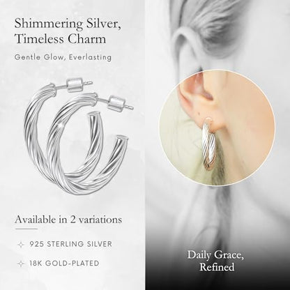 18K Gold Plated Sterling Silver Earrings for Women – Pure & Polished, Twist, Square, Hinged Tube, Abstract & Heart Shape Hoops – Lightweight, Hypoallergenic, Non-Tarnish Jewelry (Sizes: 3x35mm-46x30mm) - color: Silver, size: Twist Hoop (4x25x30mm)
