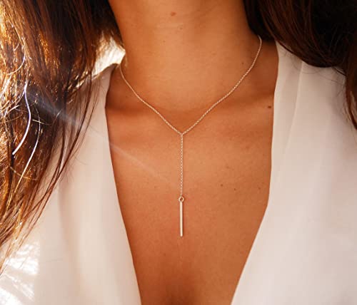 itianxi Gold Tiny Y Shaped Dainty Necklace 18K Gold Plated Cute Bar Vertical Lariat Necklace for Women - color: bar silver