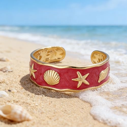 YBMYCM Chunky Shell Cuff Bracelet for Women, Hammered Boho Open Bangle | Adjustable Irregular Wide Bracelets Jewelry Gifts for Women, Perfect for Daily Wear - color: Red