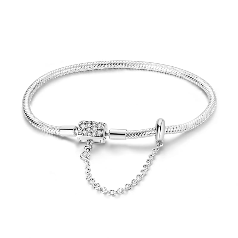 KUNSIR 925 Sterling Silver Snake Chain Bracelet with Safety Chain Charm Bracelets for Women Teen - style: KJB045