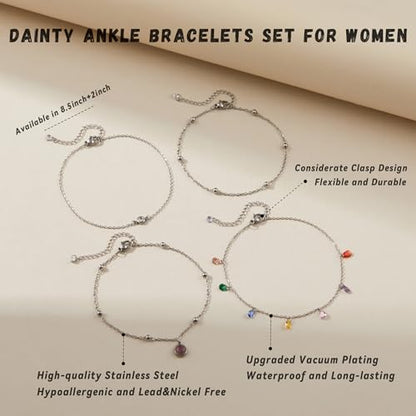 LOFITOR Anklets for Women Ankle Bracelet Charm Link Chain Set Foot | Waterproof Dainty Cz Evil Eye Beaded Anklets Adjustable Beach Foot Jewelry Feet Chains, Summer Beach Foot Jewelry Gifts - style: Color CZ Silver
