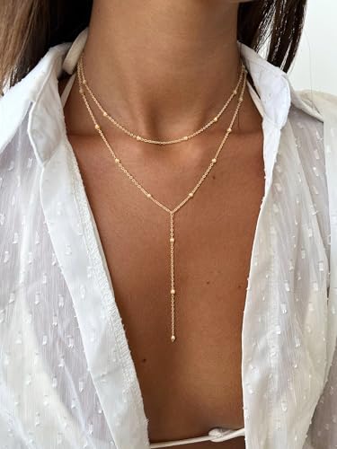 Lariat Gold Necklaces for Women Trendy Dainty Long Necklace 14k Gold Plated/Silver Layered Drop Beaded Chain Necklaces Y-shaped Pendant Necklace Simple Gold Jewelry Gifts - color: Beaded-Gold