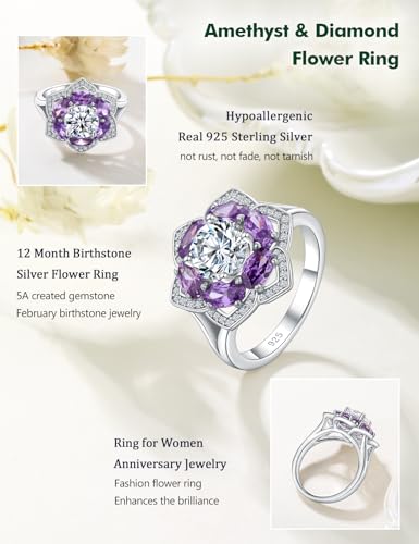Flower Engagement Promise Ring Sterling Silver Birthstone Rings for Women Sapphire/Emerald/Ruby Gemstone Six Leaf Clover Statement Cocktail Ring Size 6 to 10 - style: 02. February-Created Amethyst