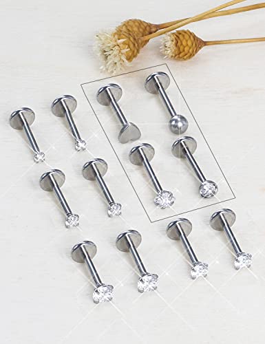 Prjndjw 18G 20G 16G Push in Threadless Nose Rings Stud Earrings Hypoallergenic Flat Back Surgical Stainless Steel Cubic Zircon Helix/Cartilage/Tragus/Lobe Earrings Lip Labret Snake Bite Jewelry - color: 20G Straight Threadless Push In Nose Rings
