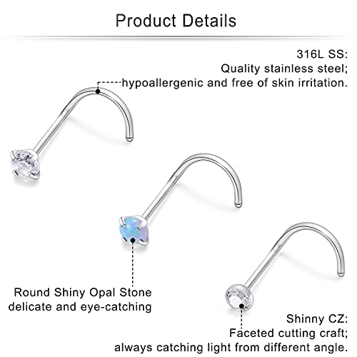 Cisyozi 18G 20G 22G Nose Rings Studs Surgical Steel Nose Stud Set 1.5mm 2mm 2.5mm 3mm Diamond Cubic Zirconia Opal Screw L Shaped Straight Nose Piercing Jewelry for Women Men - color: A:22G-Screw -3mm