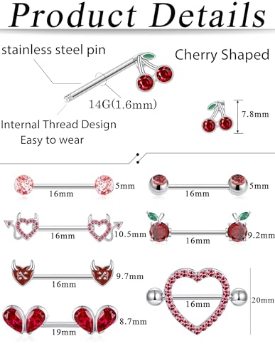 8 Pairs Nipple Rings 14G Stainless Steel Heart Cherry Apple Devil CZ Acrylic Ball Stud Barbell Tongue Rings Set Cute Nipplerings Piercing Jewelry for Women Red Silver Tone - color: Red1