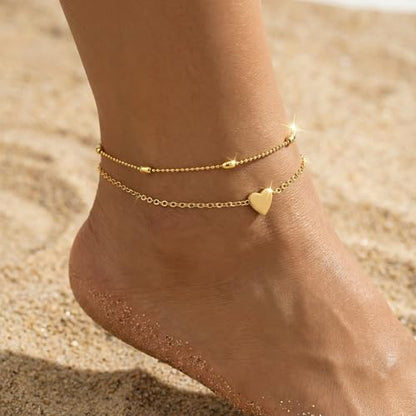 Dainty Anklets for Women, 14K Gold Plated & Sterling Silver Plated Ankle Bracelets, Adjustable, Waterproof & Hypoallergenic Summer Beach Foot Jewelry in Assorted Styles - style: 2 anklets heart gold