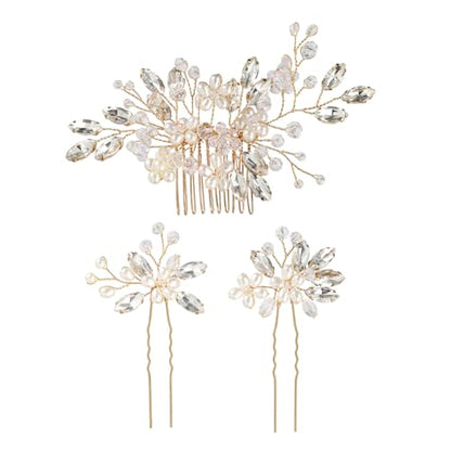 Wedding Hair Accessories Crystal bridal hair pins Rhinestone Pearl hair comb Brides and Bridesmaids, Girls, Women(Gold) - color: Gold