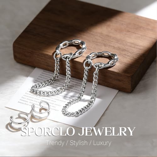 Ear Cuff Earrings for Women Non Piercing Helix Cartilage Clip on Ear Cuffs 14K Gold Plated & Sterling Silver Stainless Steel Hypoallergenic Huggie Hoop Fake Earring Set Jewelry Gift - color: K3-Silver Chain Set