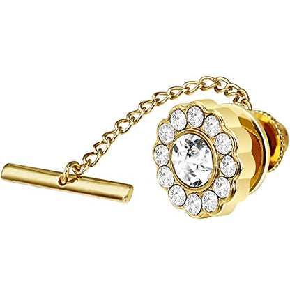 AMITER Crystal/Pearl Tie Tack with Chain, Gold Mens Tie Pin Necktie Pins Lapel Pin for Wedding Birthday Anniversary Party - color: 24k Gold+White Crystal