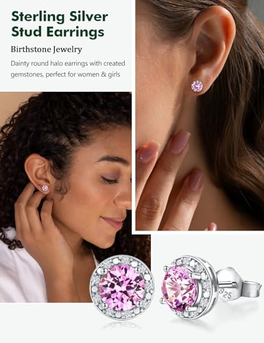 Dainty Birthstone Earrings for Women Sterling Silver Small Stud Earrings with Halo Cushion/Round Created Gemstone Earrings Birthstone Jewelry - style: B 10. Oct./created pink sapphire-round cut