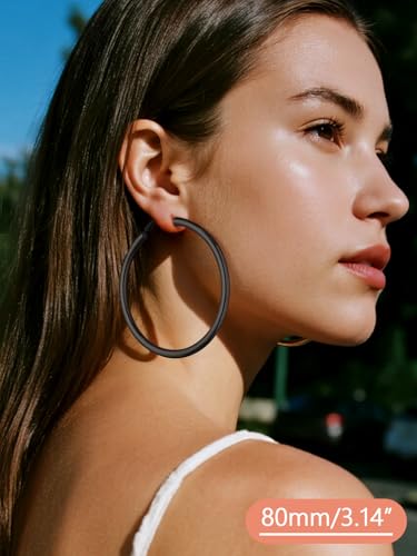 FaithHeart Silver/Black/Gold Stainless Steel Chunky Hoop Earrings for Women | Hypoallergenic Lightweight Hoop Earrings, Trendy Statement Thick Hoop, 20/30/40/50/60/70/80mm - color: Black, size: 80mm