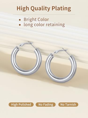 FindChic Hoop Earrings for Women, Silver/Black/14K Gold Plated Hypoallergenic Hollow Round Tube Loop Earrings, 20mm/30mm/40mm/60mm/80mm Chunky Hoops with Custom Name Options & Gift Box - color: b.Silver, size: 30MM