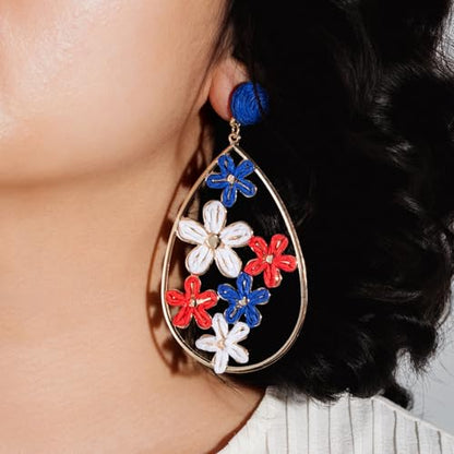 Boho Raffia Flower Teardrop Earrings Cute Colorful Dangle Trendy Jewelry | Floral Drop Statement Big Dangling Earring Hypoallergenic Gold Fun Unique Summer Spring Beach Vacation Outfits for Women - color: Flag