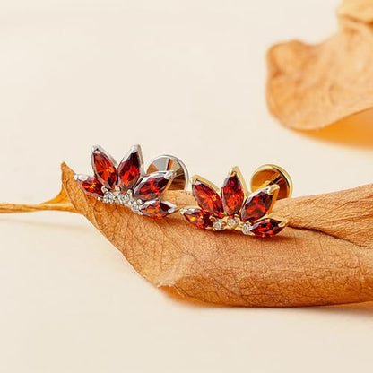 FINE4U 1PC ASTM F136 Titanium 16G Flatback Stud for Tragus, Helix, Conch 6mm 8mm - Screw on Cartilage Earring Piercing Jewelry - color: Flower CZ - Garnet - Gold