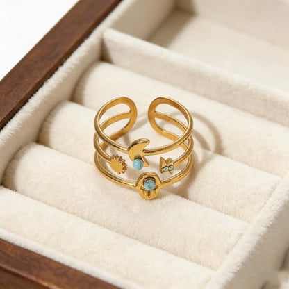 Todenb Turquoise Ring for Women，Gold Western Turquoise Open Ring Boho Stainless Steel Moon and Star Band Wrap Knuckle Rings Western Country Fashion Jewelry Accessories - color: two circle