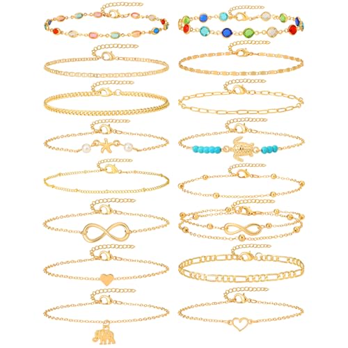 Starain 12Pcs Summer Beach Anklets for Women Waterproof Gold Silver Chain Ankle Bracelets Cute Women's Foot Anklet Set 7.9-10.5 inch Adjustable - color: 16Pcs Gold Ankle Bracelet