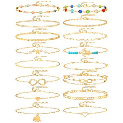 Starain 12Pcs Summer Beach Anklets for Women Waterproof Gold Silver Chain Ankle Bracelets Cute Women's Foot Anklet Set 7.9-10.5 inch Adjustable - color: 16Pcs Gold Ankle Bracelet