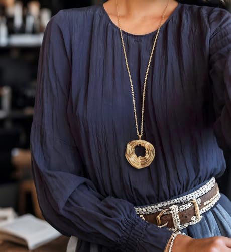 PEARLADA 18k Gold Plated Chain Long Necklace, Boho Sweater Necklace for Women, Geometric Pendant Y Necklace - color: Swirl