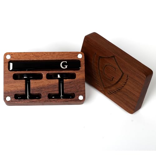 Mens Initial Cufflinks and Tie Clip A-Z Alphabet Letter Black Stainless Cuff Links Tie Bar with Engraved Walnut Wood Box Groom Groomsman Wedding Set - style: Classic-G